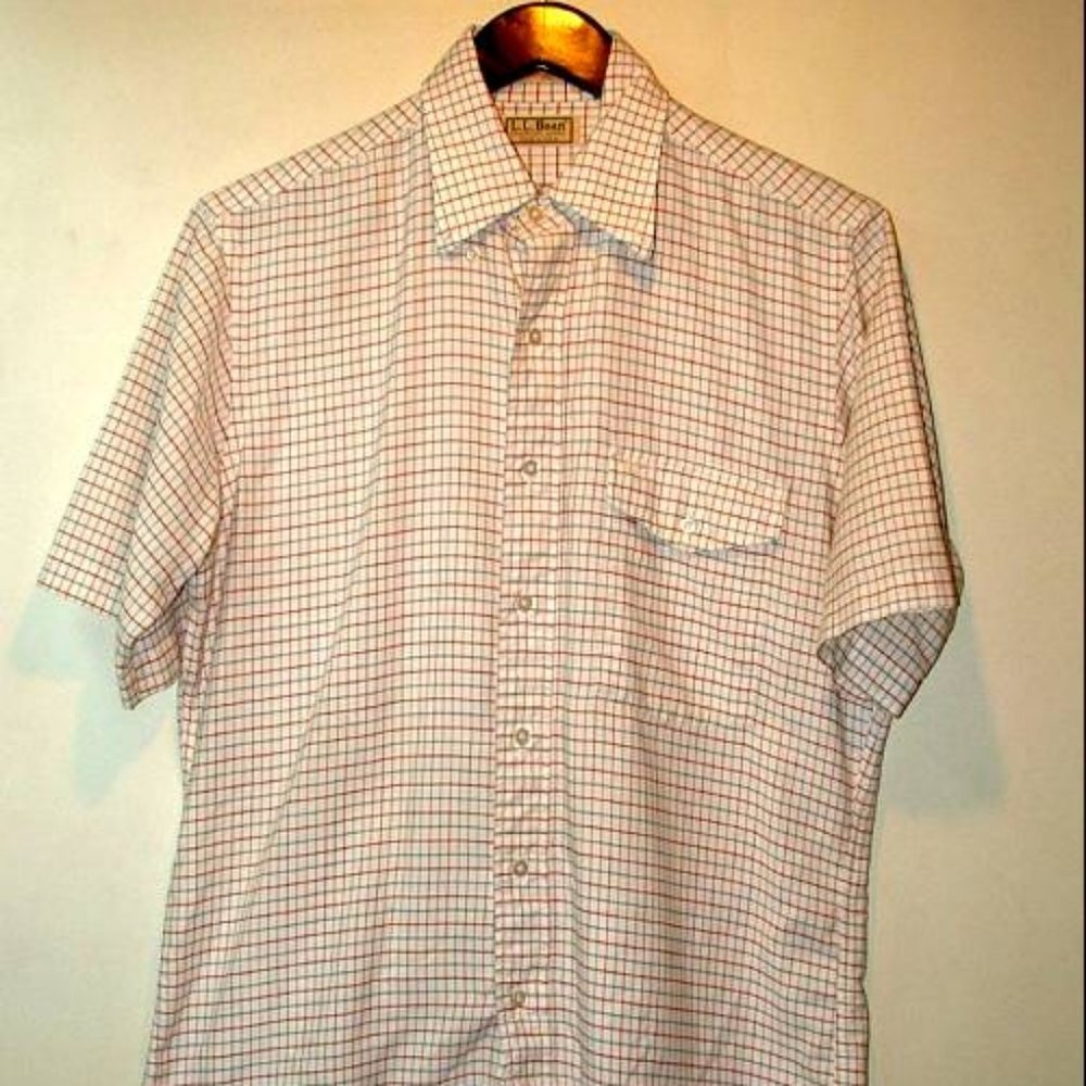LL Bean Plaid red green  short sleeve shirt med single stitch 15 1/2 60 % cotton